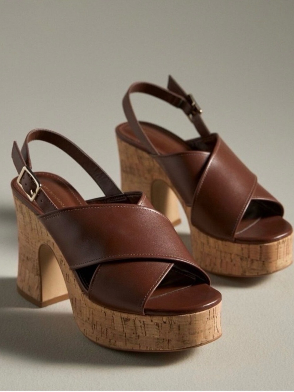 Anthropologie Cross-strap Woven Platform Sandals Cork Brown Sz 37